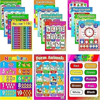 BPA® 15 Pack Educational Posters for Preschool Kids Classroom Learning Alphabet Numbers Shapes Colors Laminated Poster Chart Set