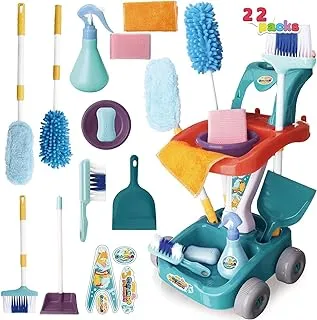 SGTT PRO 22 PCS Kids Cleaning Set, Pretend Play Housekeeping Cart with Broom, Mop, Spray Bottle and More, Cleaning Supplies Toys for Baby Toddlers 1-3 Birthday Hollween Christmas Party Gifts