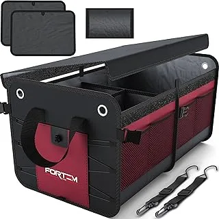 Fortem Car Trunk Organizer, Foldable Cover, Non-Slip Waterproof Bottom, Straps, Cargo Storage (2 Compartments, Red)