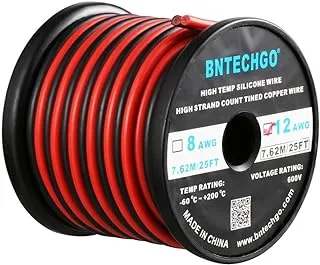 BNTECHGO 12 Gauge Flexible 2 Conductor Parallel Silicone Wire Spool Red Black High Resistant 200 deg C 600V for Single Color LED Strip Extension Cable Cord,model,25ft Stranded Copper Wire