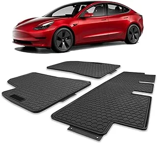 سجادات أرضية Spurtar for Tesla Model 3 2017-2023، سجادات أرضية السيارة مناسبة لجميع الأحوال الجوية مع حافة ممتدة ثلاثية الأبعاد، 3 عبوات تصميم قرص العسل أمامي وخلفي مطاطي واقي لجميع الأحوال الجوية، أسود