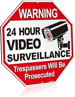 BPA® 24 Hour Video Surveillance Aluminum Warning Sign, Trespassers Will Be Prosecuted - No Trespassing Security Alert - UV Protected and Weatherproof - 12