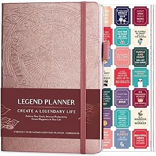 Legend Planner - مخطط حياة أسبوعي وشهري فاخر لتحقيق أهدافك والعيش بسعادة أكبر. دفتر المنظم ومجلة الإنتاجية. غلاف مقوى مقاس A5، غير مؤرخ - ابدأ في أي وقت + ملصقات - ذهبي وردي