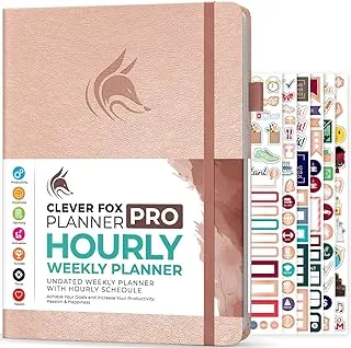 جدول Clever Fox Planner PRO - مخطط حياة أسبوعي وشهري غير مؤرخ مع فتحات زمنية وكتاب مواعيد ومنظم يومي لزيادة الإنتاجية، غلاف فني بحجم A4، يدوم لمدة عام واحد - ذهبي وردي