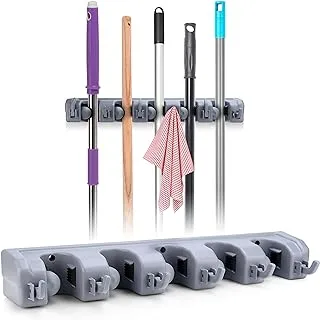 Broom Mop Holder and Garden Tools Organizer Rack with 6 Heavy Duty Storage Hooks - Wall Mounted for Space Saving Storage