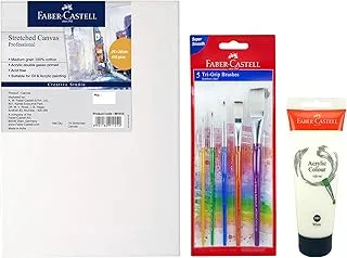 Faber-Castell Stretched Canvas 410gsm 10x14Inch+Acrylic colors 120ml white + Grip Paint Brushes Round & Flat Combination 5Pc (2,6,10, 8, 12) (Art and craft Combo Pack)