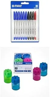 MAXI BALL PEN 10PC (6 BLUE + 3 BLACK + 1 RED) + SHARPENER SINGLE HOLE 4PC BOX