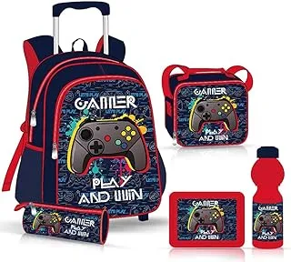 Eazy Kids 17Inch Set of 5 Trolley School Bag with Lunch Bag, Pencil Case, Lunch Box and Water Bottle - Gamer - Blue