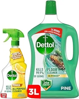 Dettol Power Floor Cleaner Liquid 3L Pine (Kills 99.9% of Germs) + All Purpose Cleaner Liquid Trigger Spray 500Ml Lemon Squeeze (Kills 99.9% of Germs)