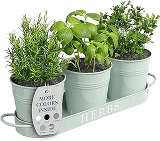 Barnyard Designs Indoor Herb Garden Planter Set with Tray, Metal Windowsill Plant Pots with Drainage for Outdoor or Indoor Plants, Mint, Set/3