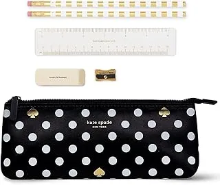 Kate Spade New York Pencil Case Including 2 Pencils, Sharpener, Eraser, and Ruler School Supplies, Polka Dots (Black/White)