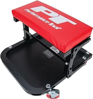 Performance Tool W85021 Folding C-Frame Creeper Rolling Work Seat with Tool Tray for Mechanic Garages and Workshops, Black/Red, 12.5-inch Height