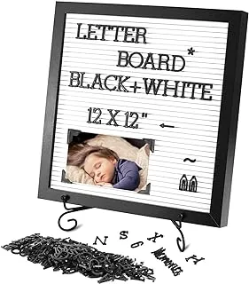 Newzealkids Changeable Letter Board 12x12 inches, Plastic Message Board with Metal Stand, Black Characters & Photo Clips, Announcements and Menus Display.(Black & White)