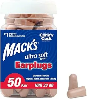 Mack's Ultra Soft Foam Earplugs, 50 Pair - 33dB Highest NRR, Comfortable Ear Plugs for Sleeping, Snoring, Travel, Concerts, Studying, Loud Noise, Work