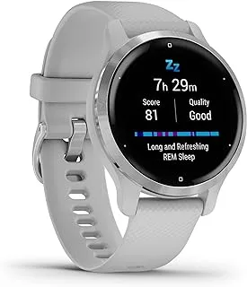 Garmin VENU 2S، إطار فضي من الفولاذ المقاوم للصدأ مع غطاء رمادي ضبابي وحزام من السيليكون