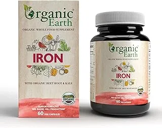 Organic Earth Plant Based Iron I Combats Fatigue & Improves Energy Levels I Improves Haemoglobin Levels and Manages Anemia I Vegan, Gluten Free, Clean Nutrition I 60 Capsules