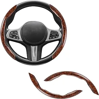 Amiss Car Wood Grain Steering Wheel Cover, Car Interior Accessories, 2PCS Segmented Steering Wheel Protector, Universal 99% Car Wheel Cover Protector (Brown) (Amiss-CPH/W1)