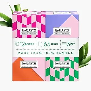 Bambuyu – Bamboo Facial Tissue Cube Box | 12 boxes (3-ply, 65 sheets) | Eco-Friendly, Plastic-free, Hypoallergenic, Soft & Absorbent, Sustainable