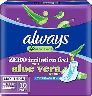 Always Aloe Cool Disposable Pads With Aloe Vera Essence For Light Days, For Zero Irritation Feel, Long Maxi Thick Pads With Wings, 10 Count