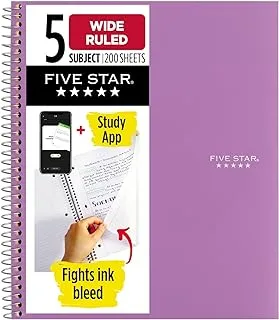 Five Star Spiral Notebook, 5 Subject, Wide Ruled Paper, Fights Ink Bleed, Water Resistant Cover, 8