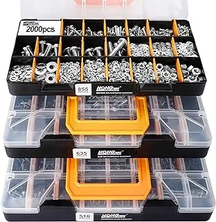 HongWay 2000pcs Hardware Assortment Kit with 64 Sizes Bolts, Nuts & Washers Assortment and Metal & Wood Screw Organizer (3 Trays)