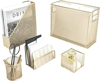 Cute Desk Organizers and Accessories - 5 Piece Gold Desk Accessories Set Includes Hanging File Holder, Letter Sorter, Pen Cup, Magazine Holder, and Sticky Note Holder, Office Supplies by Blu Monaco