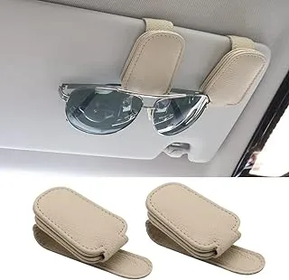 SUNCARACCL 2 Pack Sunglass Holder for Car Visor, Magnetic Leather Glasses Eyeglass Hanger Clip for Car, Sunglasses Holder and Ticket Card Clip for Car Visor Accessories (Beige)