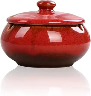 Lependor Ceramic Ashtray with Lids, Windproof, Cigarette Ashtray for Indoor or Outdoor Use，Ash Holder for Smokers,Desktop Smoking Ash Tray for Home Office Decoration- Red