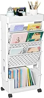 YEMUNY 5 Tier Rolling Utility Cart Multi-Functional Movable Storage Book Shelves with Lockable Casters for Study Office Kitchen Classroom, White