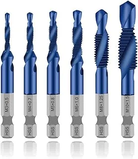 6 Packs Combination Drill & Taps Bit Set, Screw Tapping in 6 Sizes Metric Thread M3 M4 M5 M6 M8 M10 with Nano Blue Coating， Hex Shank