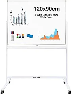 سبورة بيضاء متحركة مغناطيسية مزدوجة الجوانب من مستر وايتي، 120 سم × 90 سم، إطار أسود مع حامل، مجموعة كاملة: 3 أقلام تحديد - 6 مغناطيسات - 1 ممحاة (أبيض)