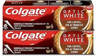 Colgate Toothpaste Optic White for Coffee, Tea and Tobacco Users, Teeth Whitening Toothpaste, Remove Surface Stains, 2x75 ml, 2 pack