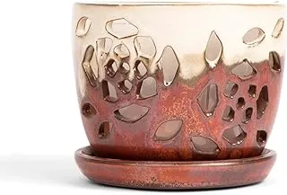 rePotme Orchid Pot - 5 inch Floral Cutout Ceramic Orchid Pot with Holes (Honey Cream Over Copper) - Includes 5 inch Slotted Pot Liner