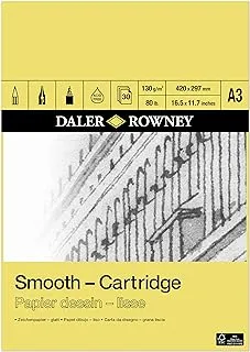 Daler-Rowney Smooth 130 gsm A3 Cartridge Drawing Paper Pad, Glued 1 Side, 30 Natural White Sheets, Ideal for Professional Artists and Students