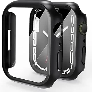 حافظة صلبة من البولي كربونات تحمل العلامة التجارية EZUK™ متوافقة مع Apple Watch Series 8 و7 مقاس 45 مم مع واقي شاشة من الزجاج المقوى، تغطية كاملة، حساس للمس، غطاء واقٍ عالي الدقة رفيع للغاية - (45 مم أسود)