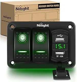 Nilight 2 Gang Rocker Switch Panel Green Backlit with 4.8 Amp Dual USB Charger Voltmeter Waterproof 12V 24V DC Rocker Switch with Night Glow Stickers for Car Trucks Boats RVs,2 Years Warranty