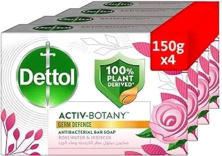 Dettol Activ-Botany Antibacterial Bar Soap, Rosewater & Hibiscus Fragrance, 100% Plant-Derived Ingredients, 150g, Pack of 4