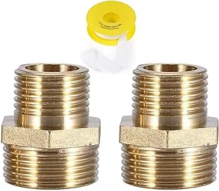 Biella™ 2pcs Bsp Male To Male Solid Brass Hex Type Straight Thread Reducer Pipe Nipple with Teflon Tape, Heavy Brass Pipe Adapter Fittings Connectors Male Thread Hose (1 INCH X 3/4 INCH)