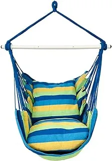 Highwild Hammock Chair Hanging Rope Swing - Max 500 Lbs - 2 Cushions Included - Steel Spreader Bar with Anti-Slip Rings - for Any Indoor or Outdoor Spaces (Blue Striped)