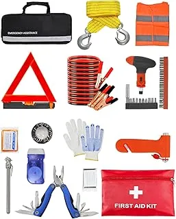 itanso 43 pcs Roadside Car Emergency Kit, Safety Assistance Set, Including Premium Jumper Cables, Reflective Safety Triangle, Tow Strap, Multi-Tools, Warning Vest (Black Bag)