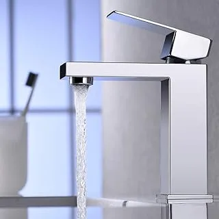 TNOMS Commercial Bathroom Sink Faucet Square Modern Basin Mixer Contemporary Water Tap with Single Lever, Deck Mounted,Chrome, FB005CH