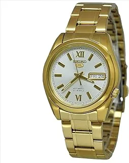 SNKL58 Mens Seiko 5 Gold Tone Stainless Steel Case and Bracelet White Tone Dial Day and Date Watch