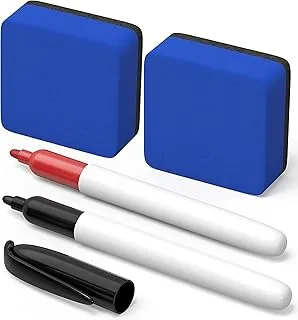 2X Dry Erase Whiteboard Eraser With 2 Markers (Red & Black) - Non Magnetic Small White Board Eraser Dry Erase Markers for Whiteboard Dry Erase Pockets Lapboards Job Ticket Holders