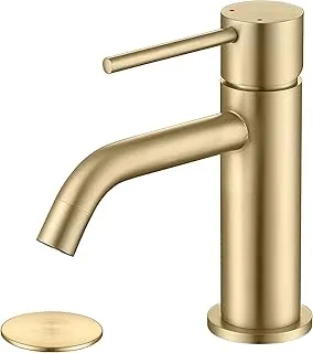 JXMMP Brushed Gold Bathroom Faucet, Single Handle Brass Sink Faucet Bathroom Single Hole with Pop Up Sink Drain Assembly and Water Faucet Supply Lines