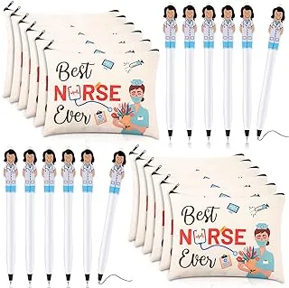 24 Pieces Nurse Appreciation Gifts Set, 12 Nurse Makeup Cosmetic Bag with 12 Cute Doctor Nurse Ballpoint Pens, Nurse Practitioner Gifts Christmas Gifts Nurse Week Day Gifts for Nurse (Classic Style)