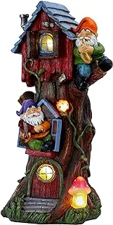 TERESA'S COLLECTIONS 14.8 Inch Tall Large Garden Statues Gnome Treehouse with Solar Lights, Funny Garden Sculptures Statues Figurines Resin Lawn Ornaments for Outside Outdoor Patio Yard Decoration