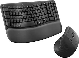 Logitech Wave Keys & Lift Vertical Mouse - حزمة مريحة - لوحة مفاتيح لاسلكية مع مسند راحة اليد المبطن وماوس لاسلكي عمودي - سهل التبديل، بلوتوث، لأنظمة تشغيل متعددة، Windows/Mac - تخطيط ARA