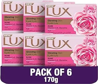 Lux Bar Soap for Glowing Skin, Rose, with Vitamin C, E, and Glycerine, 170g, Pack of 6