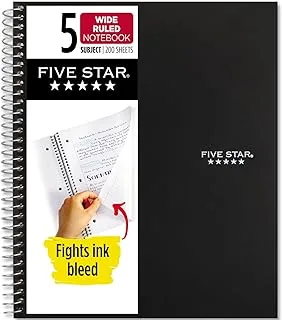 Five Star Spiral Notebook, 5 Subject, Wide Ruled Paper, Fights Ink Bleed, Water Resistant Cover, 8