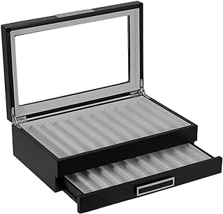 TIMELYBUYS 20 Piece Black Ebony Wood Pen Display Case Storage and Fountain Pen Collector Organizer Box with Glass Window Two Level Display Case with Drawer